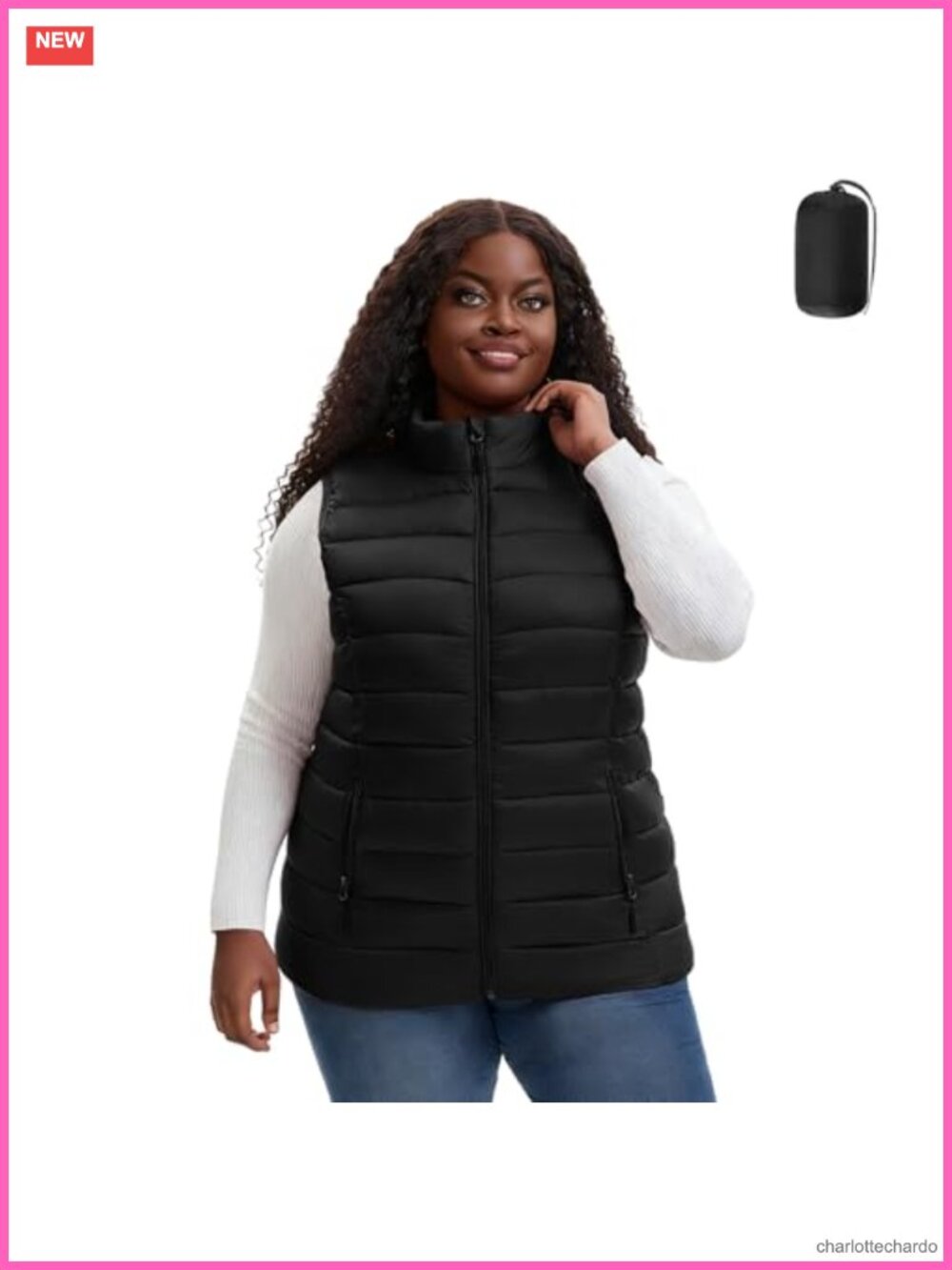 Plus Size Packable Puffer Vest Women Quilted Stand Collar Zip Pockets